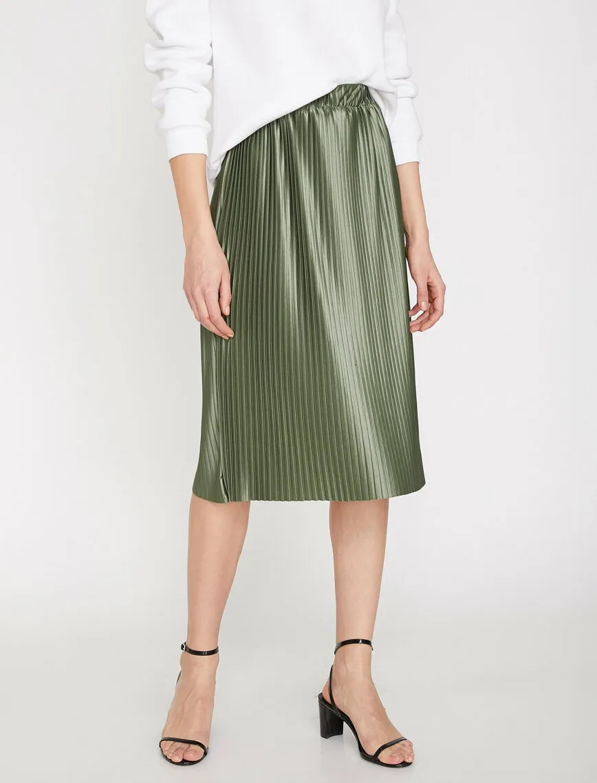 11940 Khaki Pleated Midi Skirt