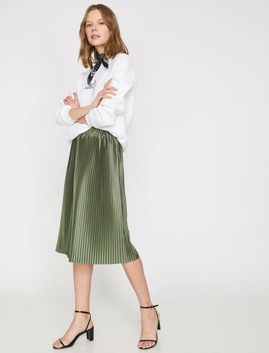 11940 Khaki Pleated Midi Skirt