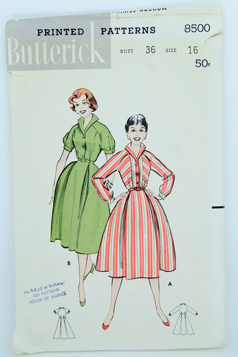 1950s Butterick 8500 Vintage Sewing Pattern for Shirtwaist Dress W Full Skirt