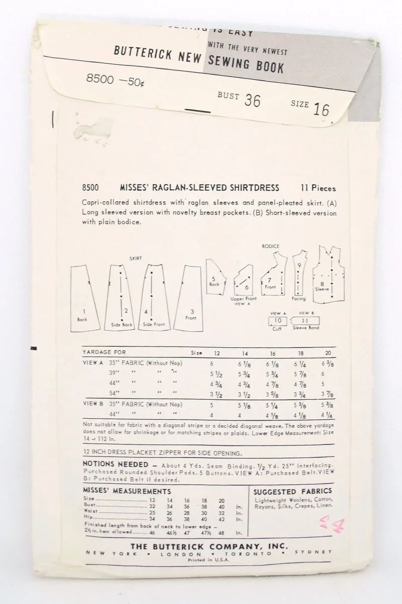 1950s Butterick 8500 Vintage Sewing Pattern for Shirtwaist Dress W Full Skirt