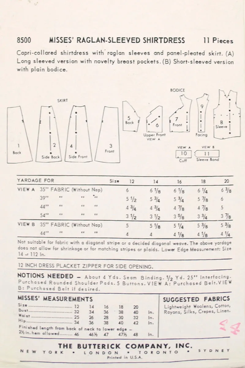 1950s Butterick 8500 Vintage Sewing Pattern for Shirtwaist Dress W Full Skirt