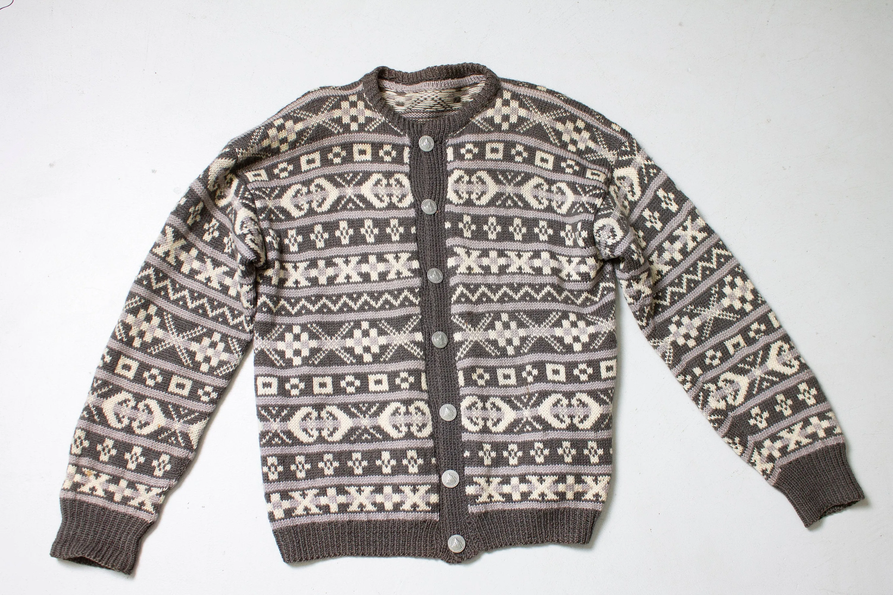 1960s Norwegian Sweater Wool Knit Cardigan L