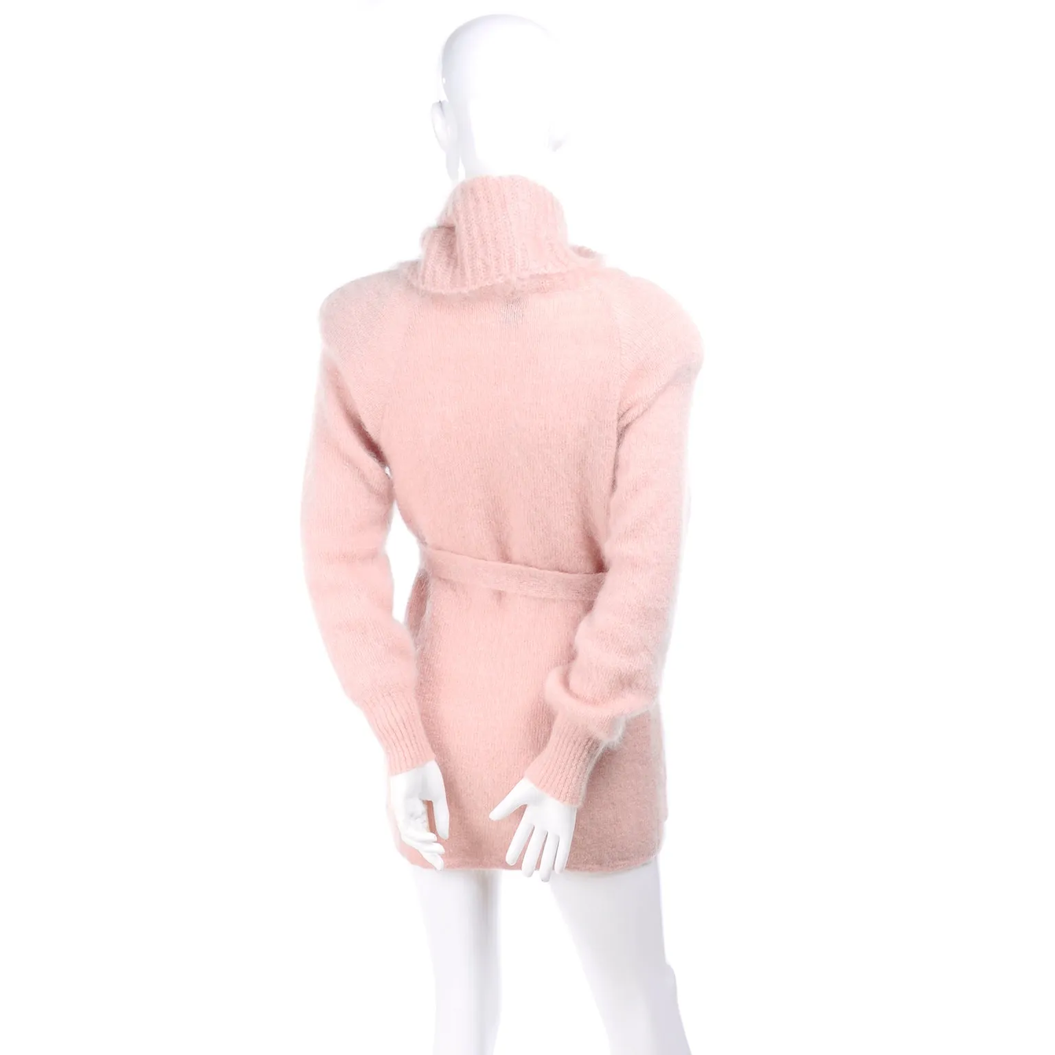 1970s Anne Klein Pink Mohair Vintage Sweater w/ Turtleneck & Tie