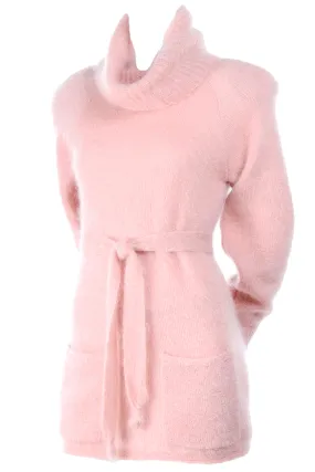 1970s Anne Klein Pink Mohair Vintage Sweater w/ Turtleneck & Tie