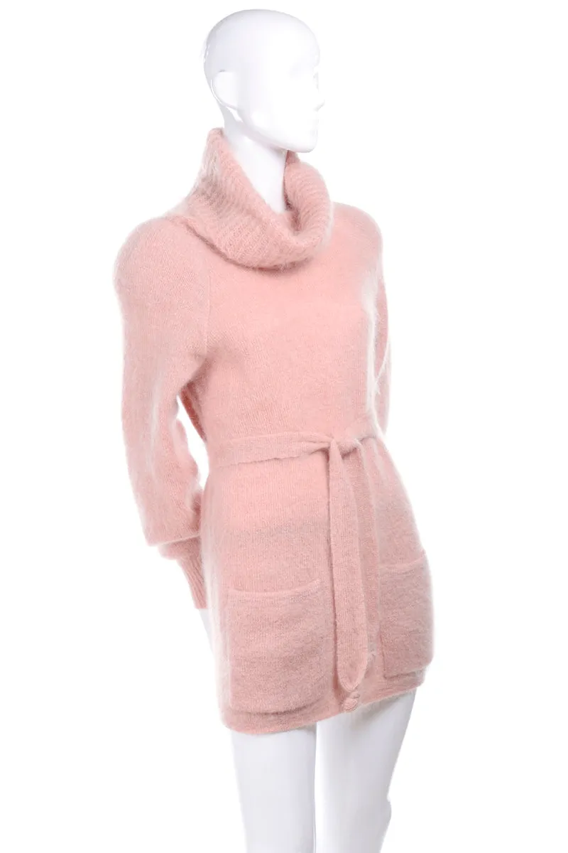 1970s Anne Klein Pink Mohair Vintage Sweater w/ Turtleneck & Tie