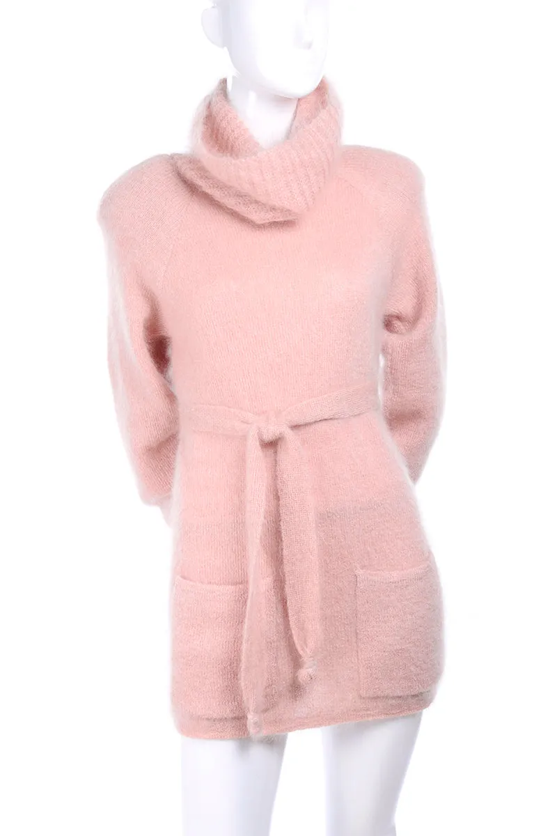 1970s Anne Klein Pink Mohair Vintage Sweater w/ Turtleneck & Tie