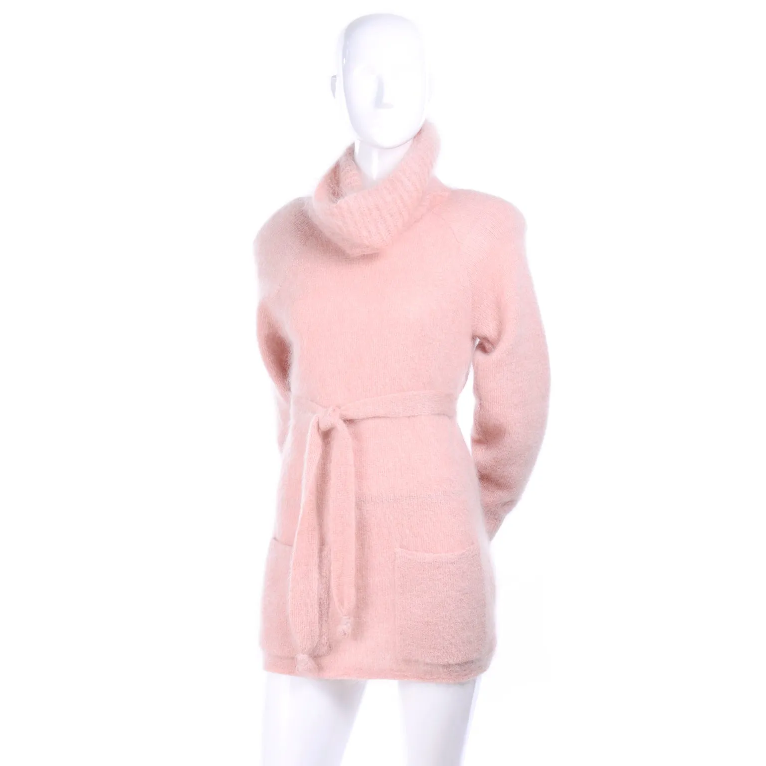 1970s Anne Klein Pink Mohair Vintage Sweater w/ Turtleneck & Tie