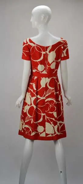 1970s Mollie Parnis Red and Bone Print Cotton Dress