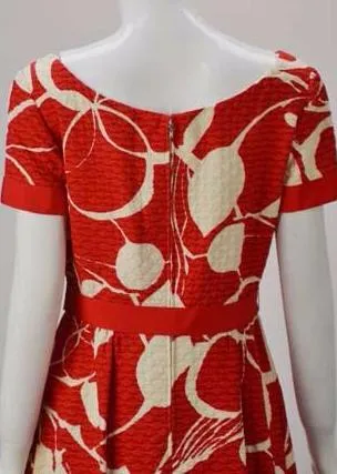 1970s Mollie Parnis Red and Bone Print Cotton Dress