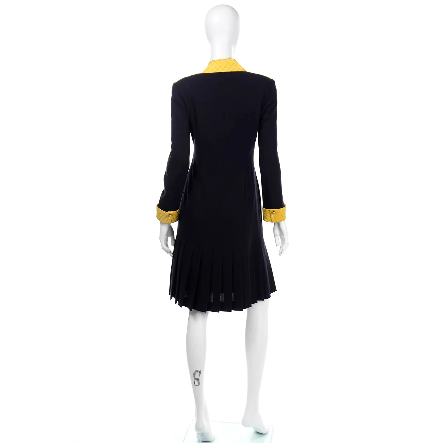 1990s Escada Vintage Midnight Blue Dress with Quilted Yellow Trim