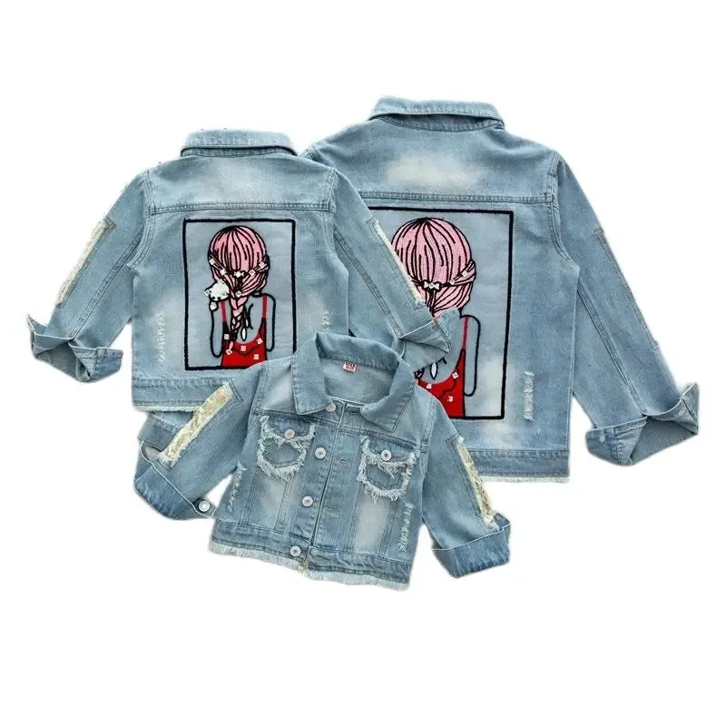 2023New Spring Autumn Kids Jacket Girls' sequined ripped beauty figure denim jacket Coats Girls Demin Outerwear Costume1-12Y