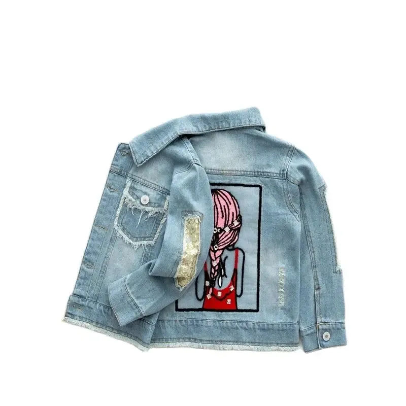 2023New Spring Autumn Kids Jacket Girls' sequined ripped beauty figure denim jacket Coats Girls Demin Outerwear Costume1-12Y