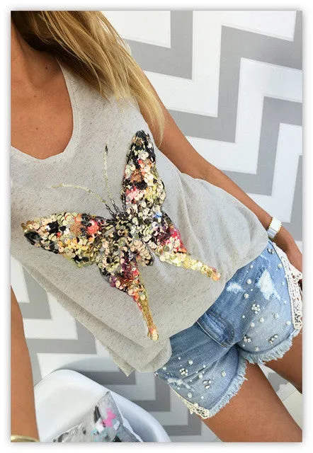 3D Sequined Butterfly Scoop Neck Top