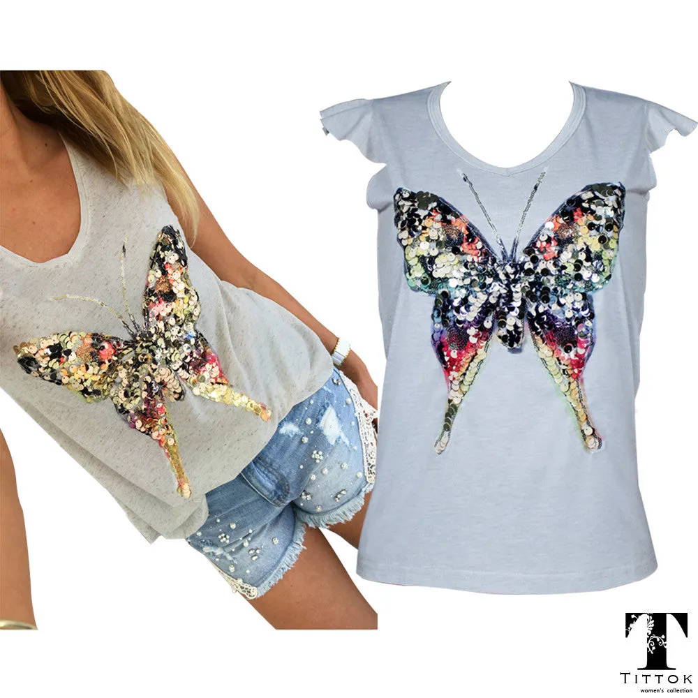 3D Sequined Butterfly Scoop Neck Top