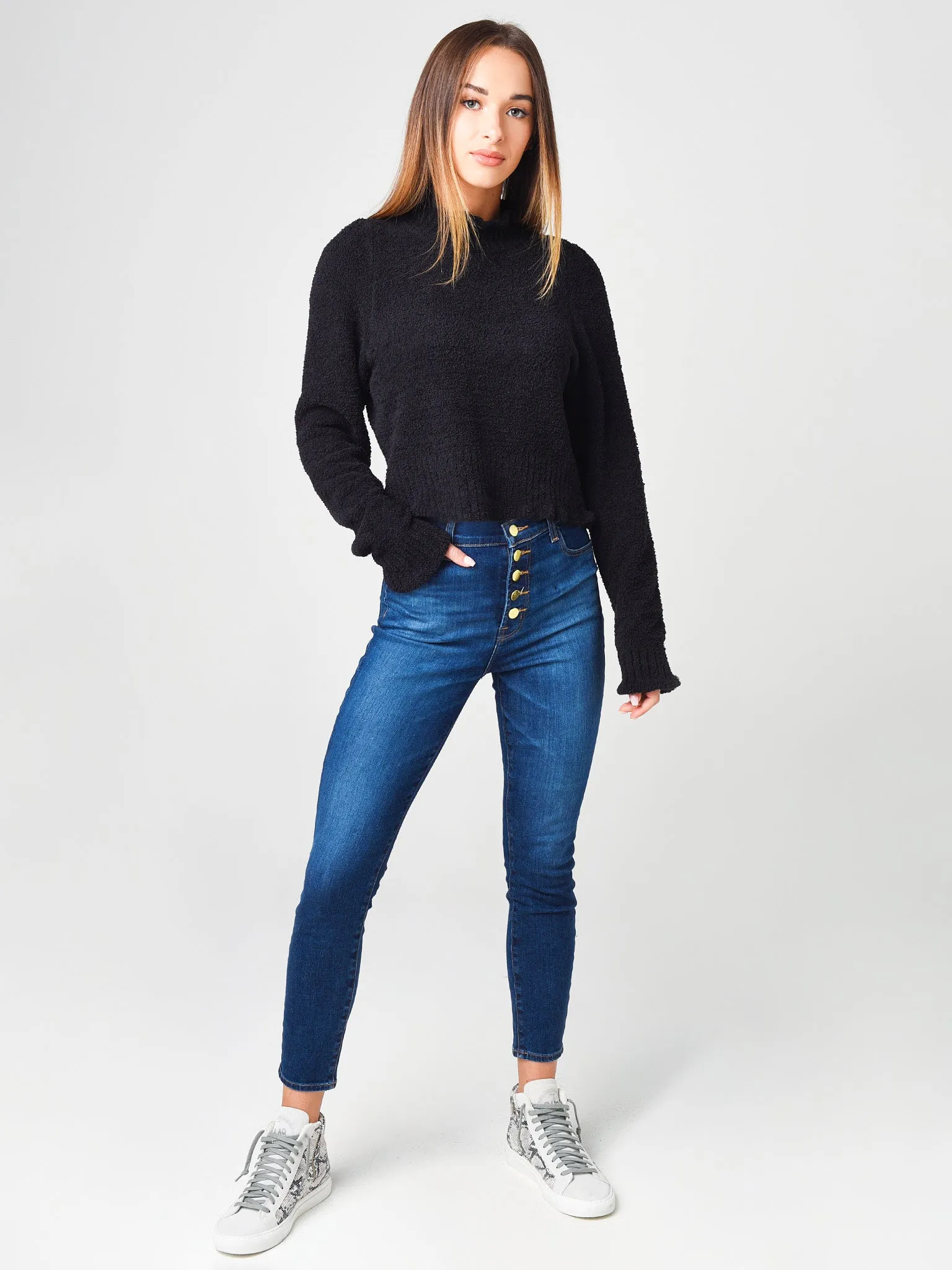 525 Women's Cropped Ruffle Mock Neck Sweater