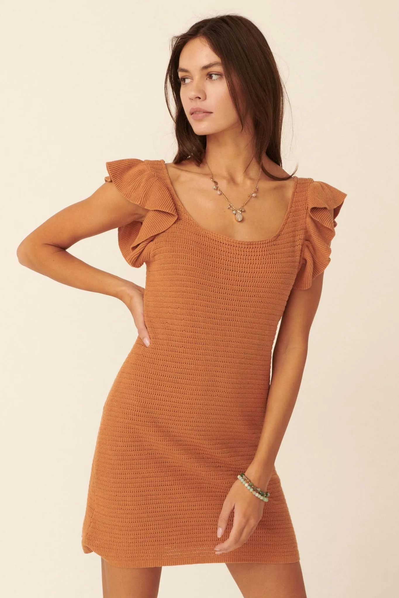 Absolutely Yes Ruffle-Sleeve Mini Sweater Dress