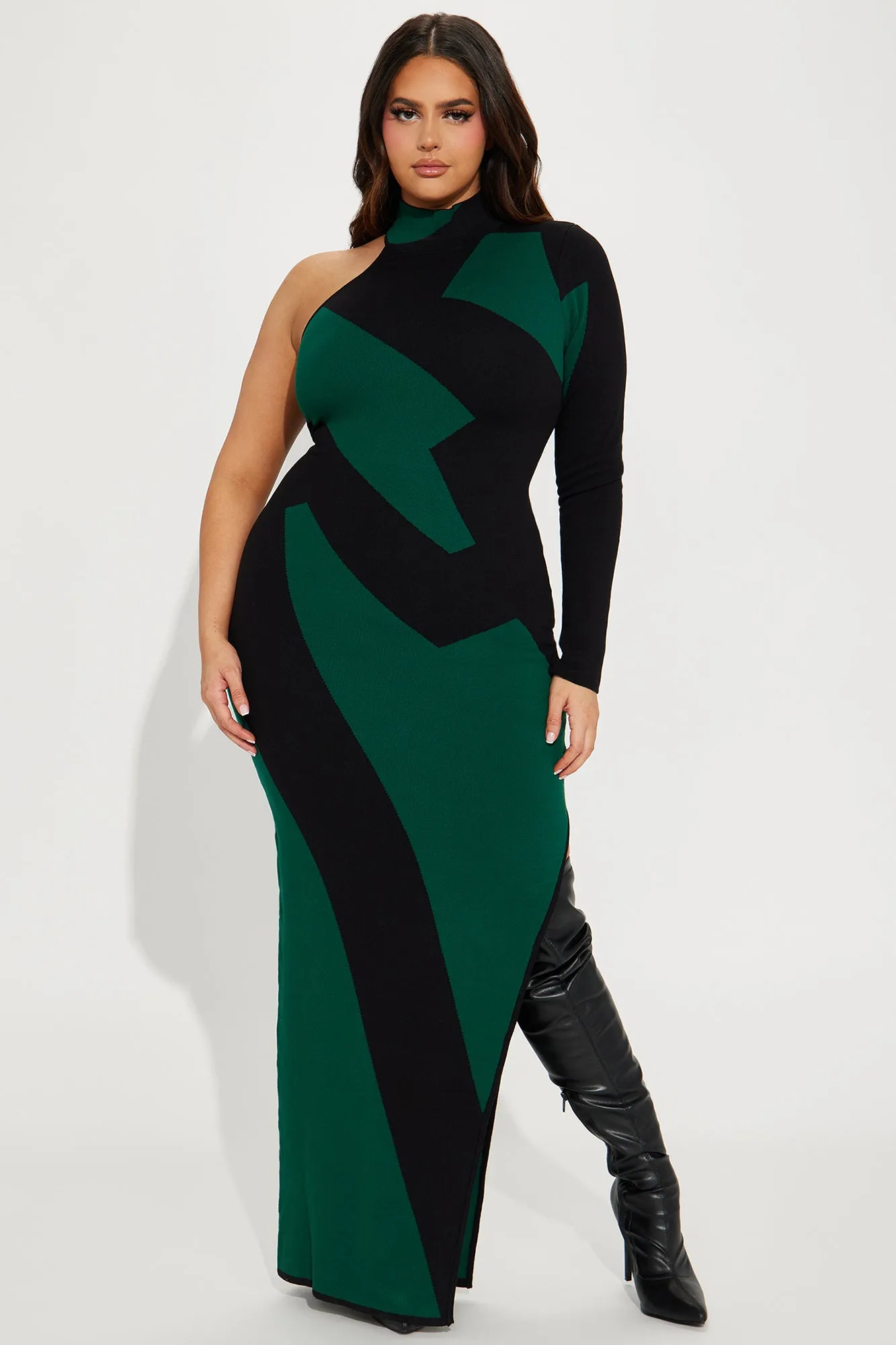 Abstract One Shoulder Maxi Dress - Hunter