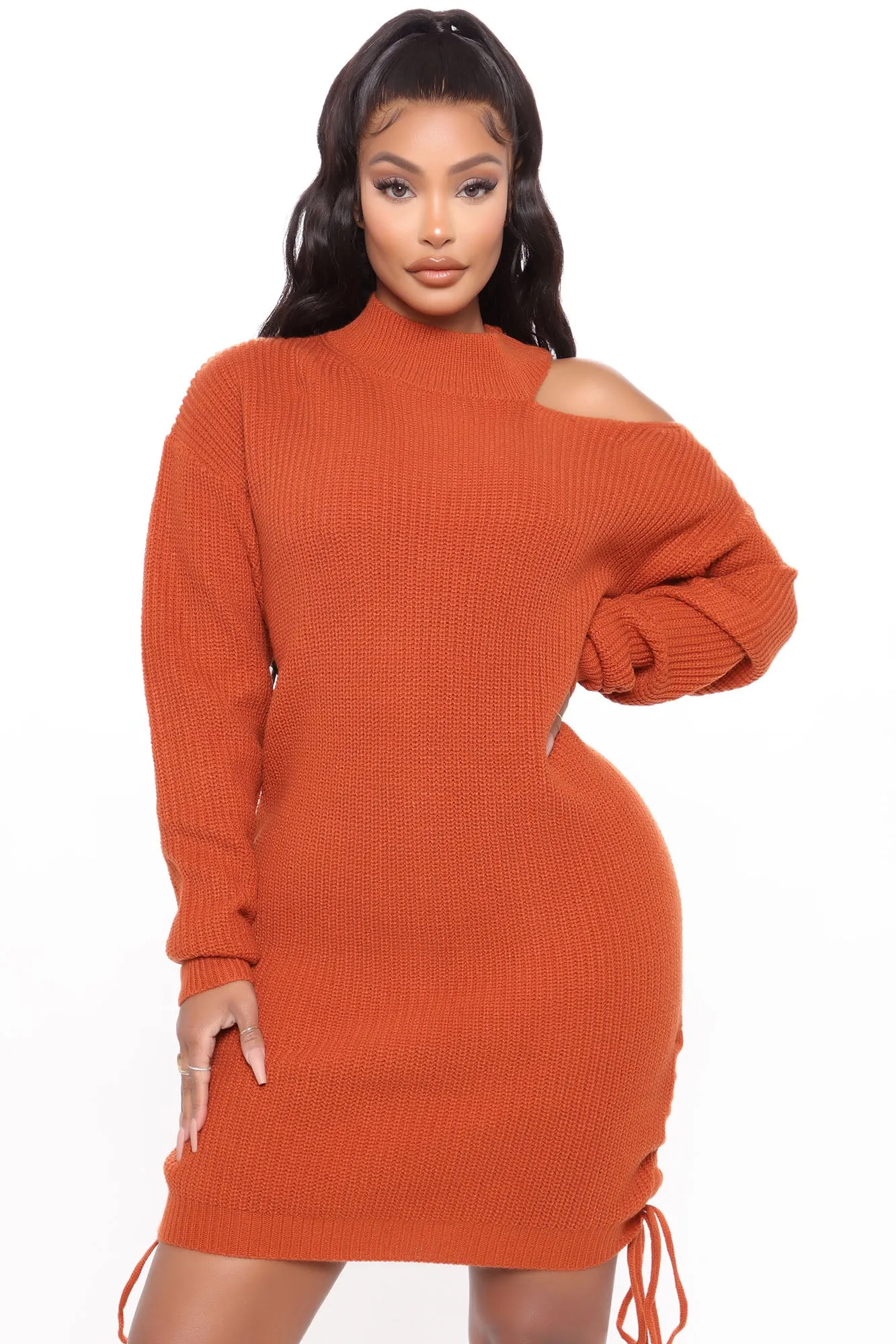 Allison Ruched Sweater Mini Dress - Rust