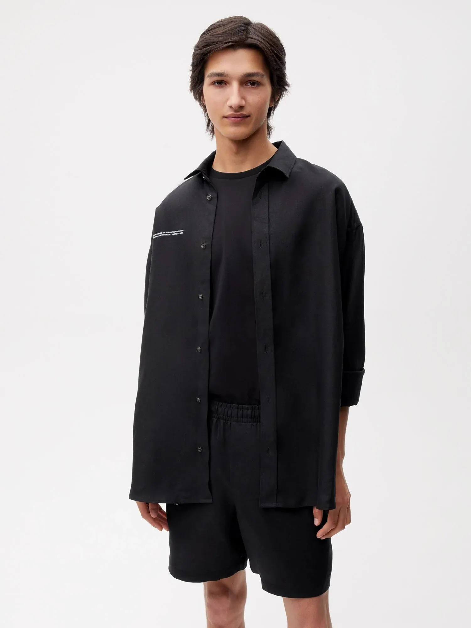 Aloe Linen Collared Long Sleeve Shirt—black