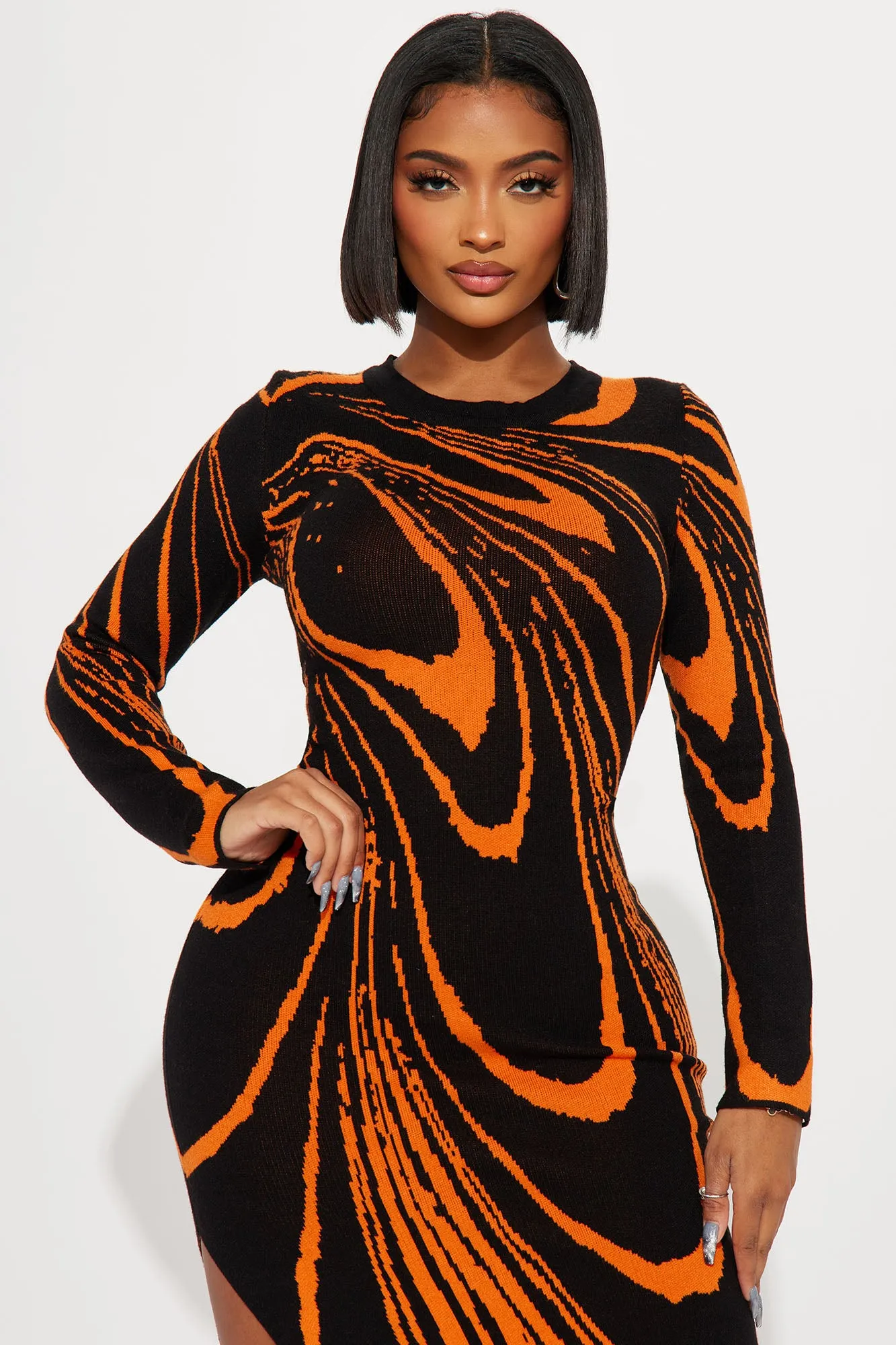 Amara Abstract Sweater Maxi Dress - Orange/combo