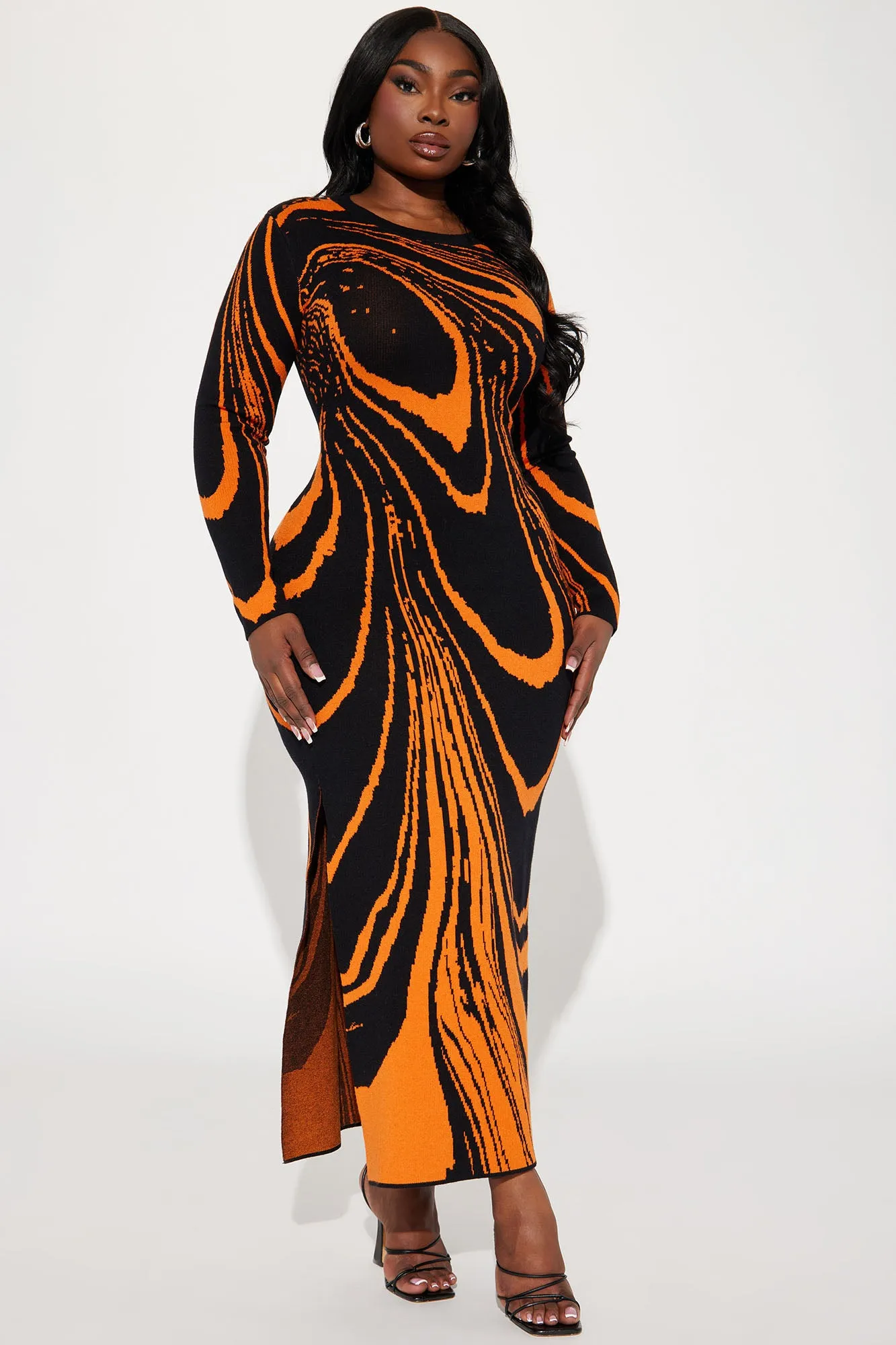 Amara Abstract Sweater Maxi Dress - Orange/combo