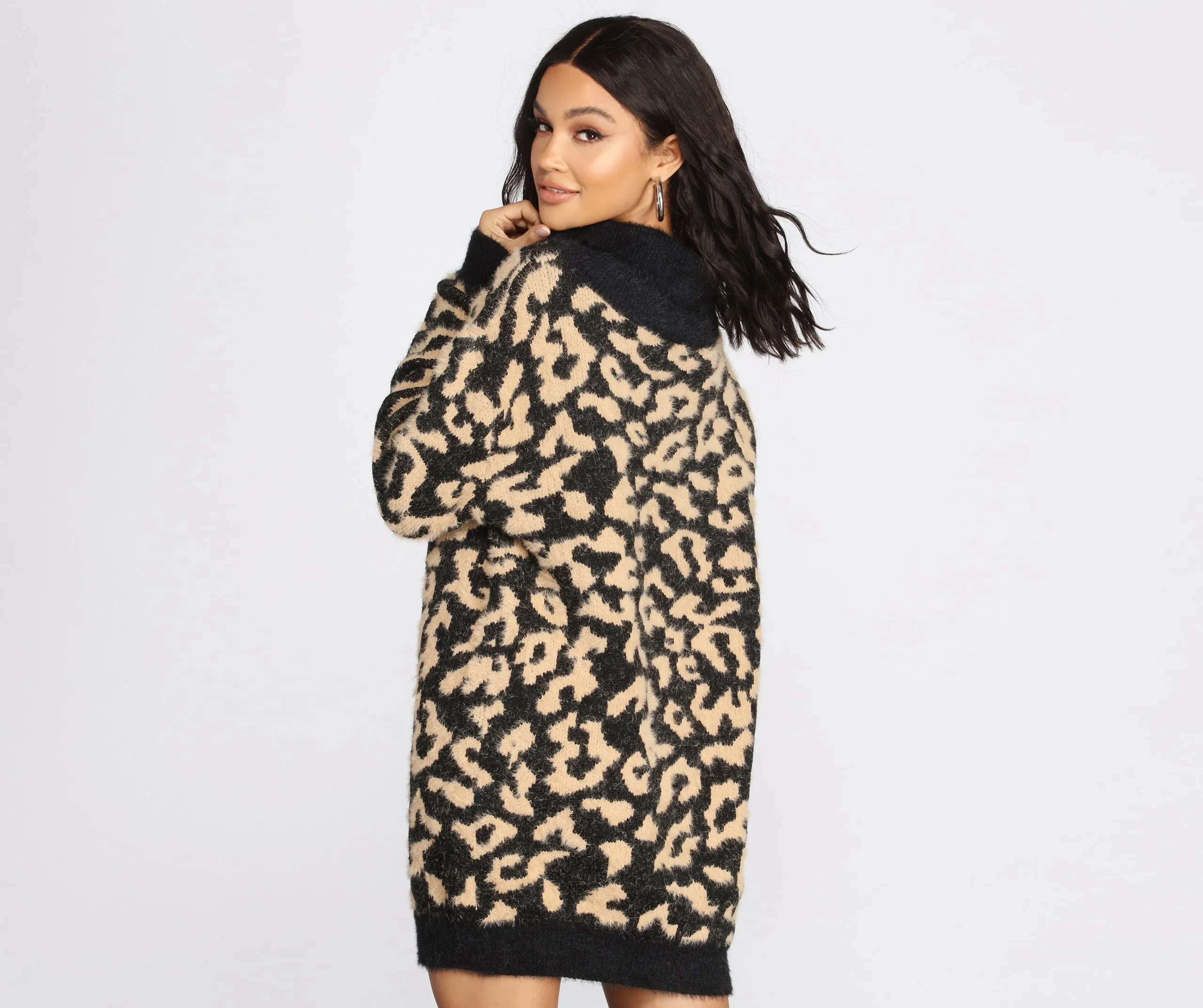 Angora Knit Leopard Print Sweater Dress