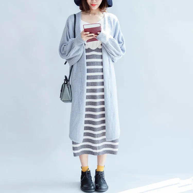 autumn fashion light blue cotton sweater outwear oversize hollow out sweater cardigan