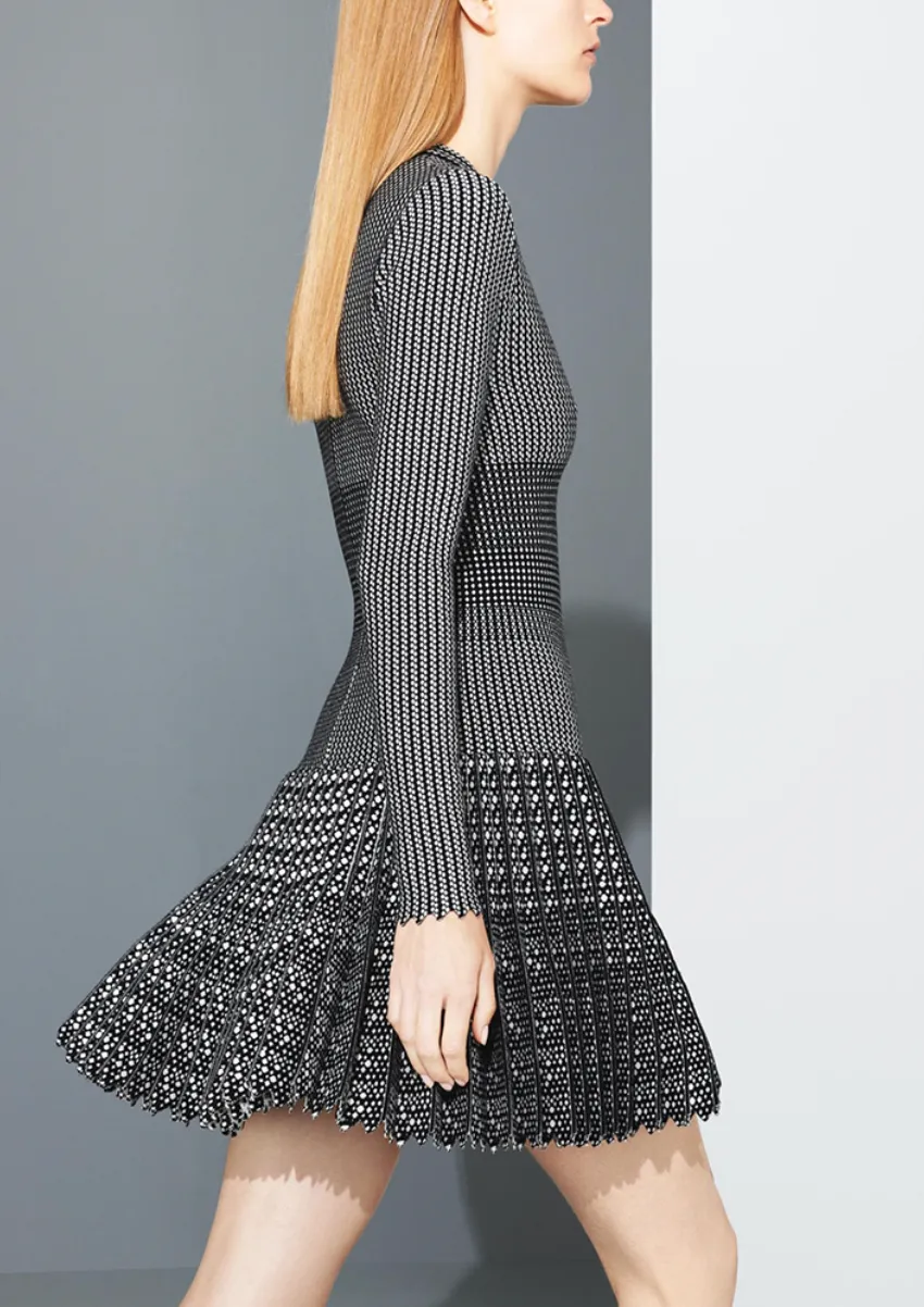 Azzedine Alaia AW 2011 Black White Patterned Wool Pleated Skirt Dress