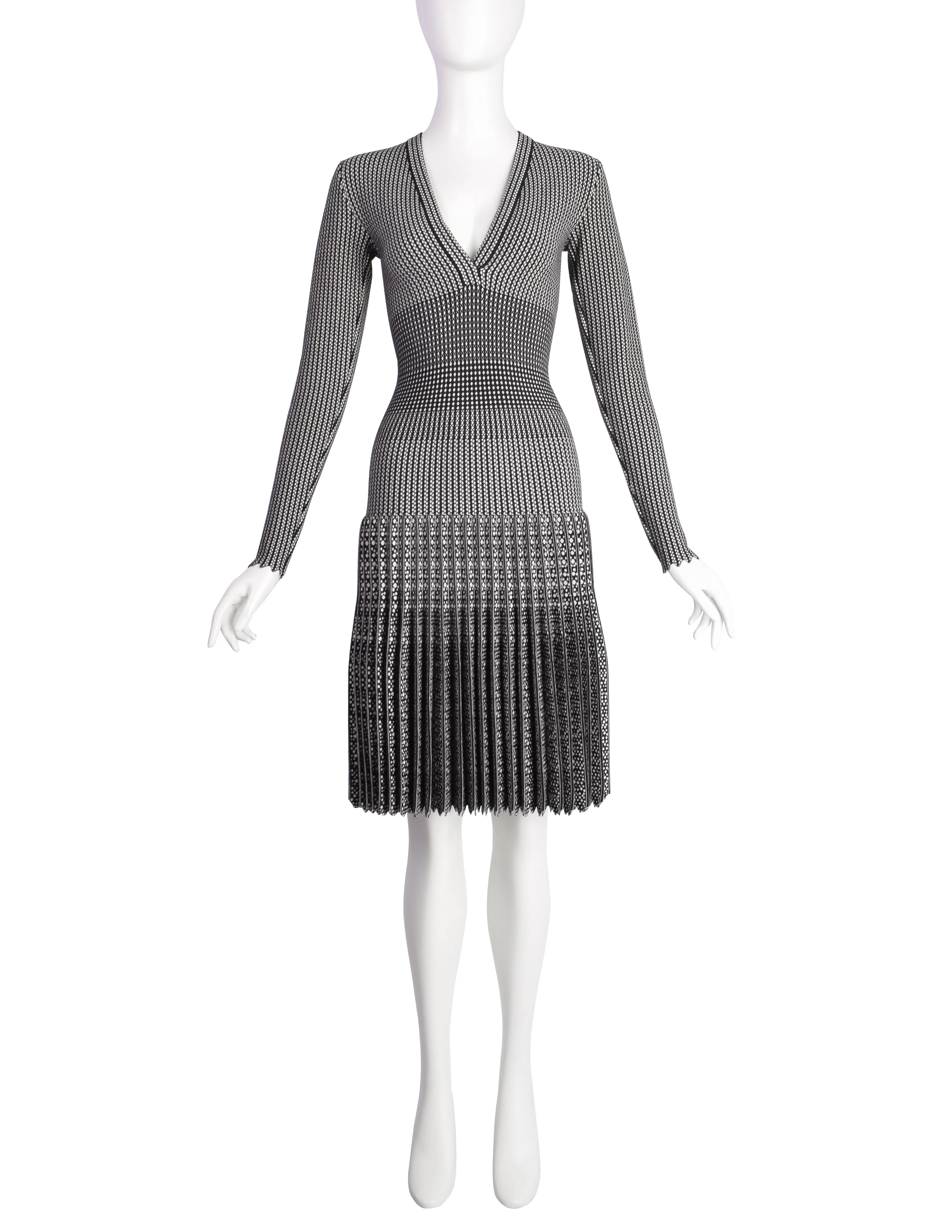 Azzedine Alaia AW 2011 Black White Patterned Wool Pleated Skirt Dress