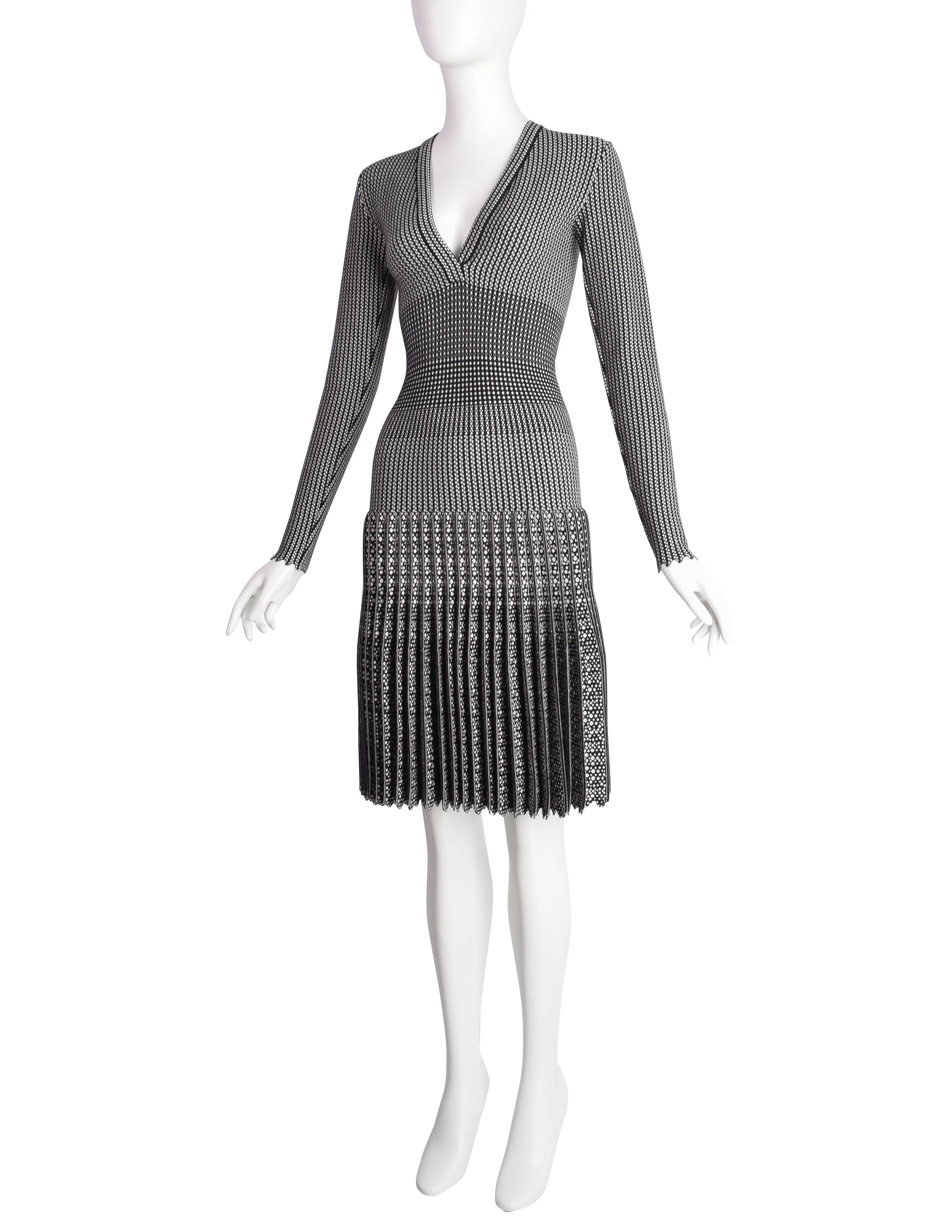 Azzedine Alaia AW 2011 Black White Patterned Wool Pleated Skirt Dress