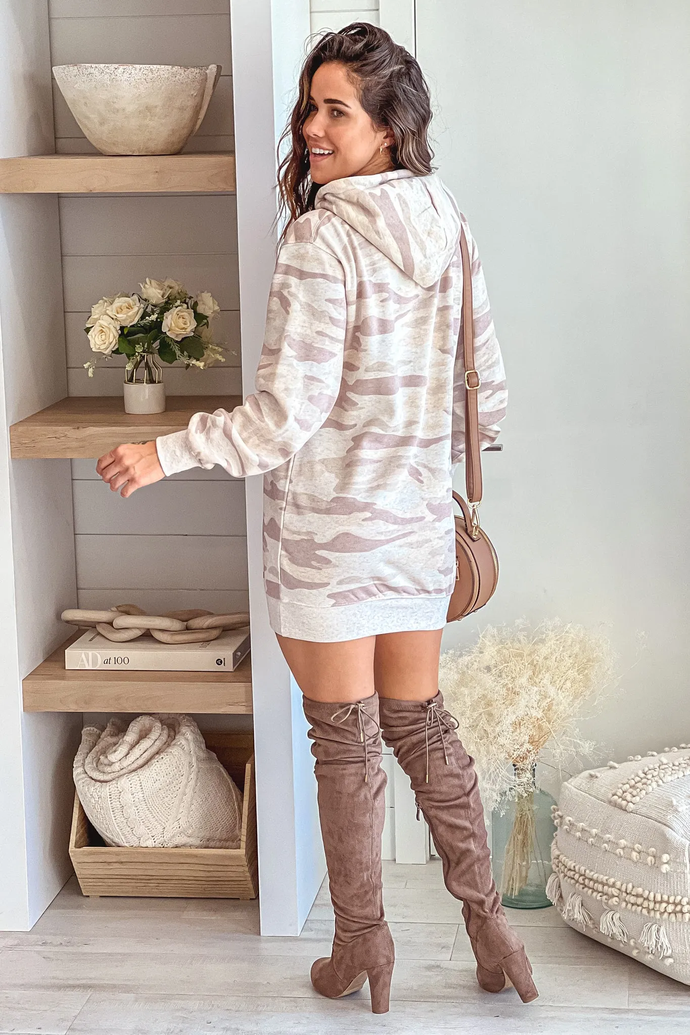 Beige Camo Oversized Hoodie Dress