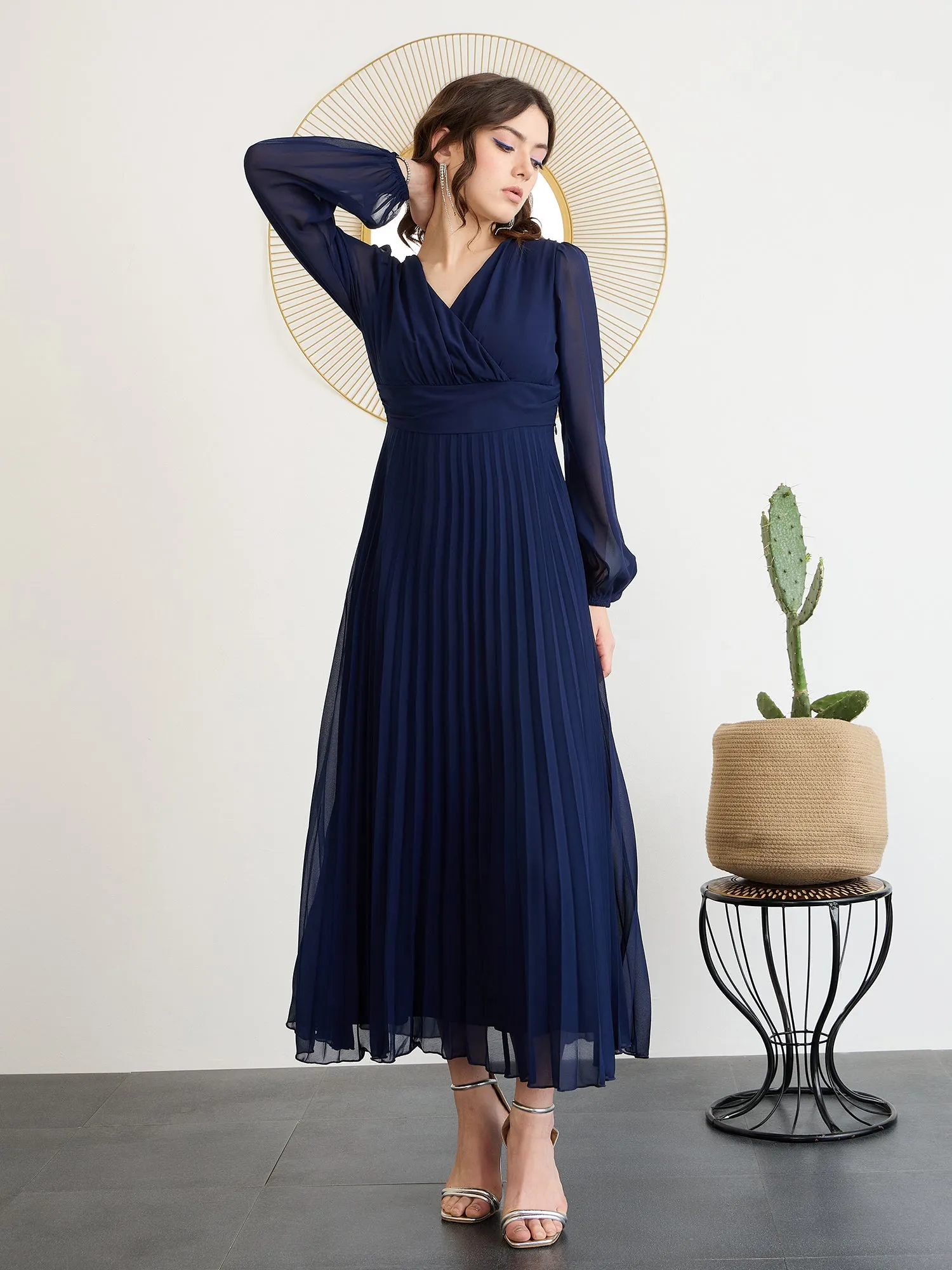 Berrylush Women Solid Navy Blue V-Neck Long Puff Sleeves Pleated Empire Maxi Dress