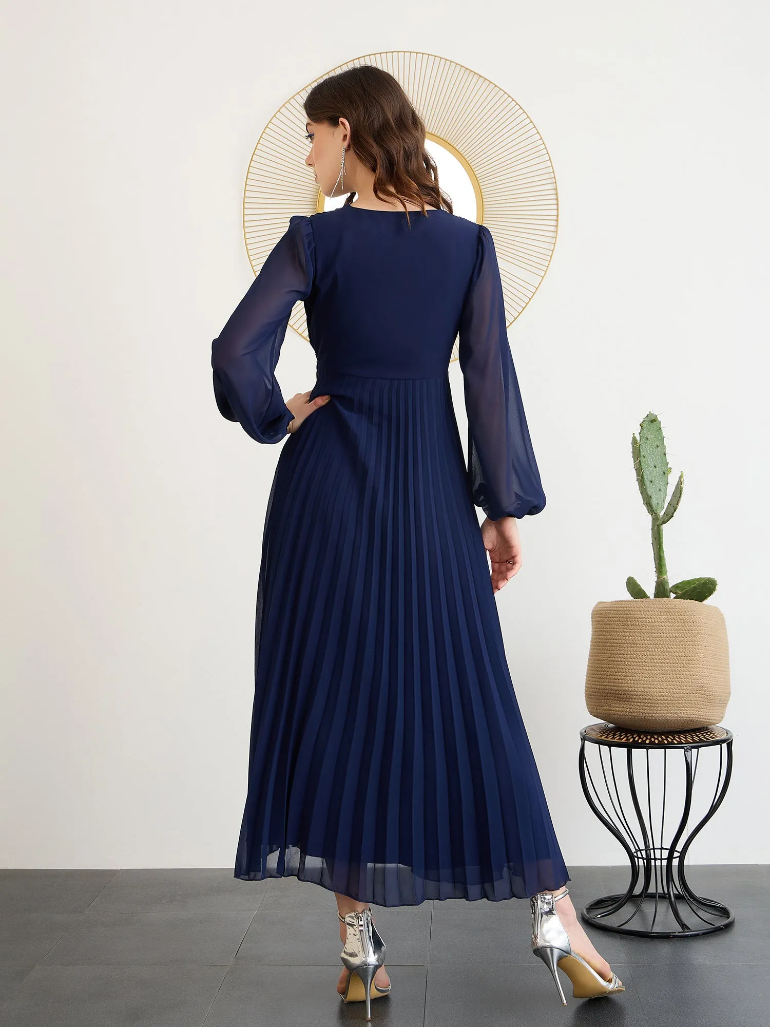 Berrylush Women Solid Navy Blue V-Neck Long Puff Sleeves Pleated Empire Maxi Dress