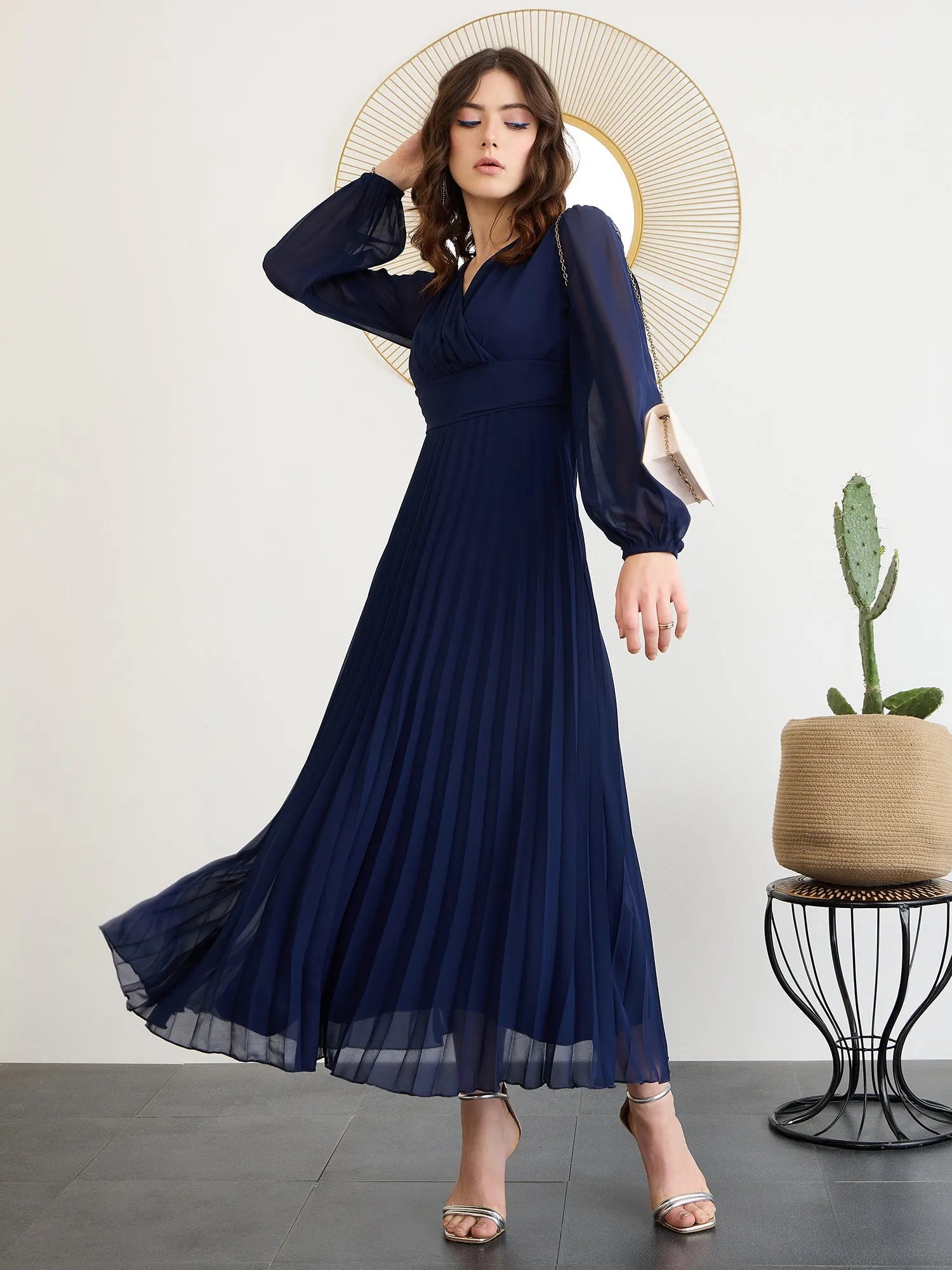 Berrylush Women Solid Navy Blue V-Neck Long Puff Sleeves Pleated Empire Maxi Dress