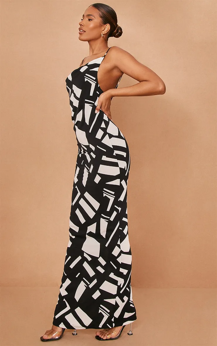 Black Abstract Print Satin Cowl Neck Maxi Dress