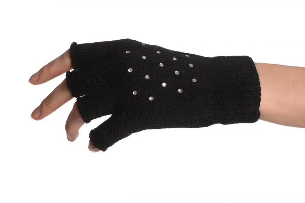 Black Gloves & Fingerless Gloves With Crystals (2 Pairs Set)