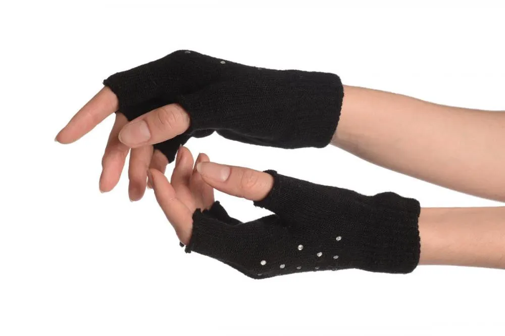 Black Gloves & Fingerless Gloves With Crystals (2 Pairs Set)