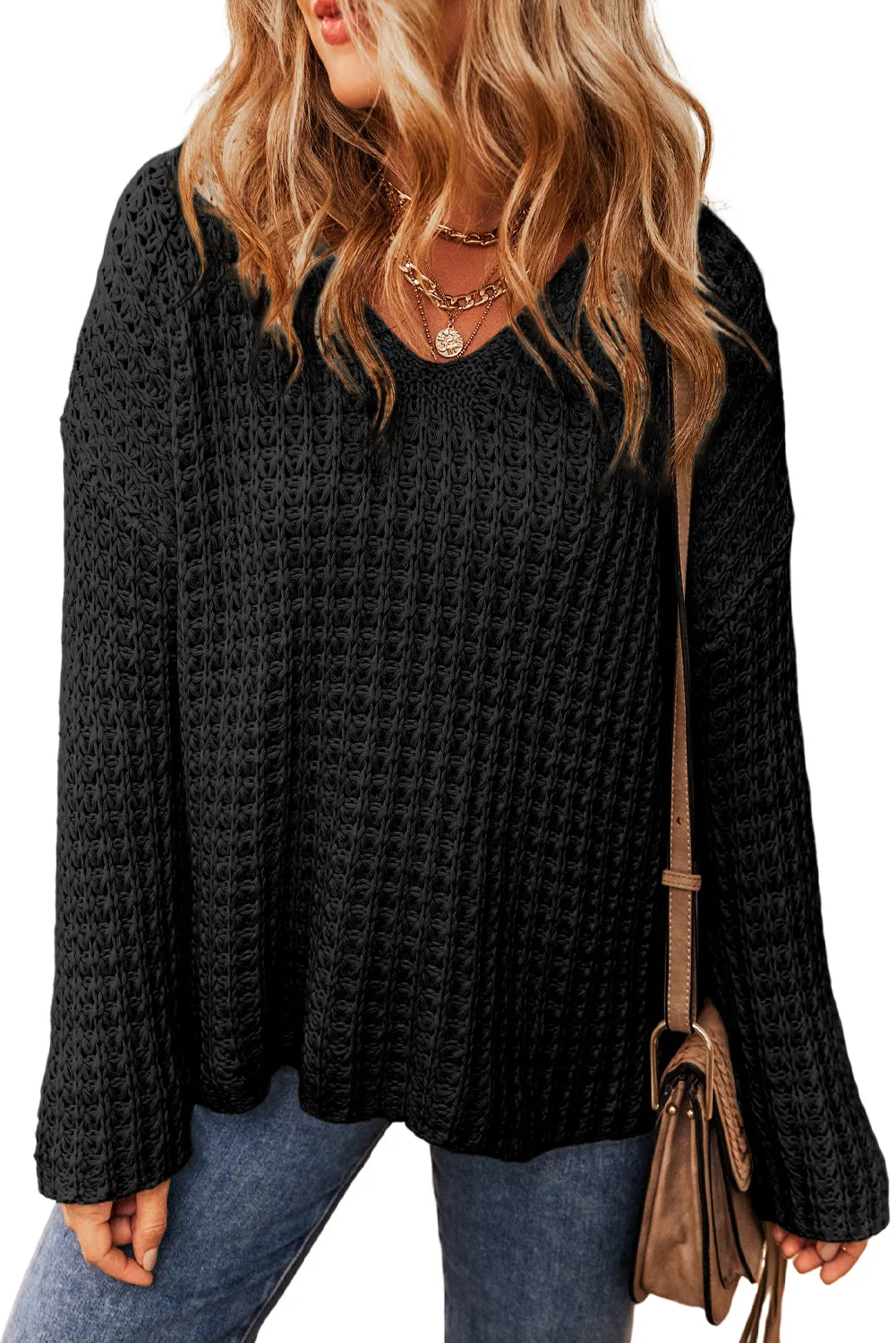 Black Hollow-out Crochet V Neck Sweater