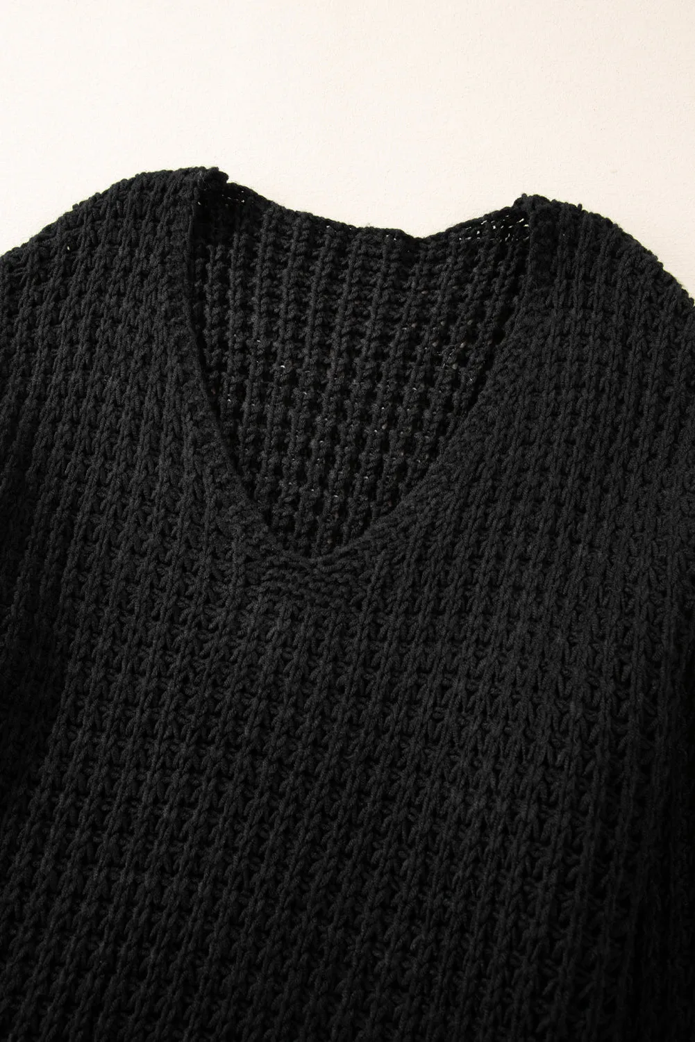 Black Hollow-out Crochet V Neck Sweater