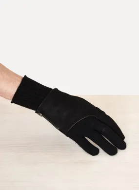 Black Ribbed Wool Steer Leather Gloves