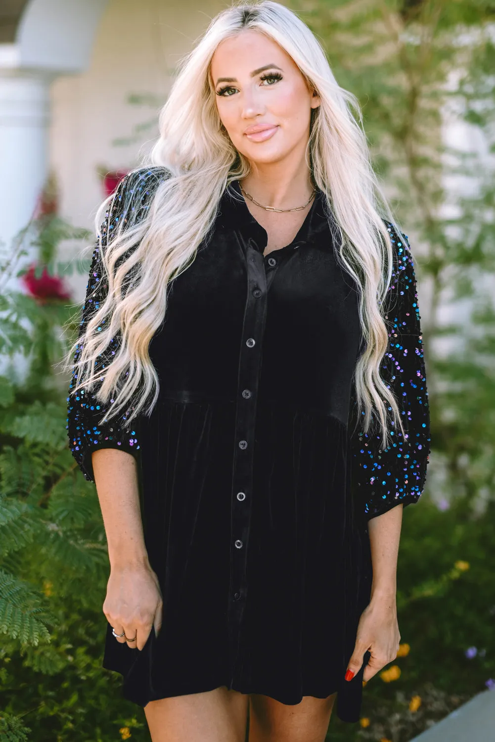 Black Sequin Puff Sleeve Buttoned Velvet Peplum Shirt