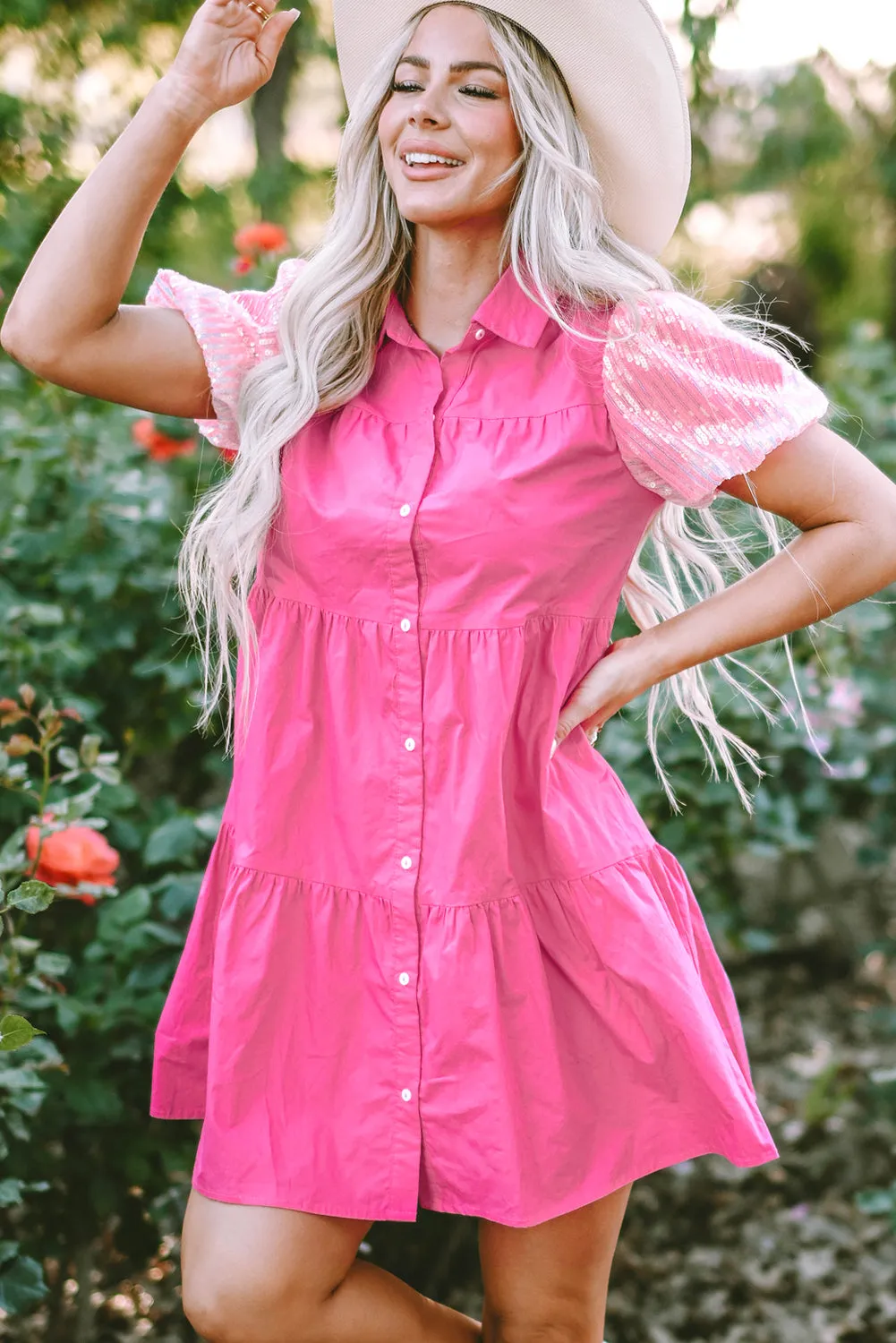 Bonbon Sequined Bubble Sleeve Tiered Ruffled Shirt Dress