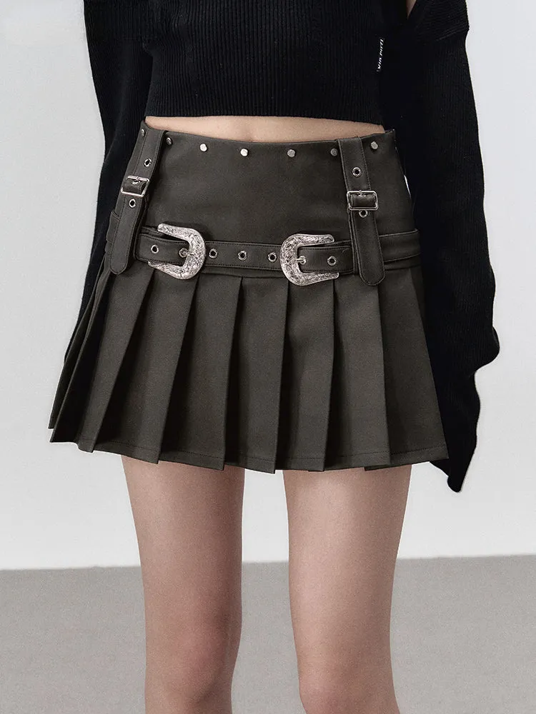 Brown Metallic Belt & Pleated Skirt