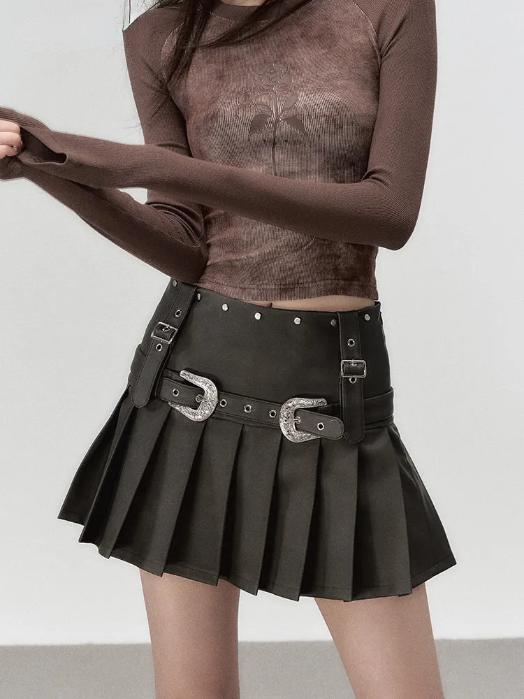 Brown Metallic Belt & Pleated Skirt