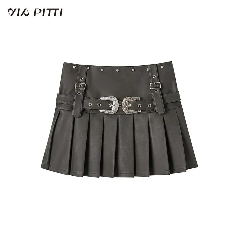 Brown Metallic Belt & Pleated Skirt