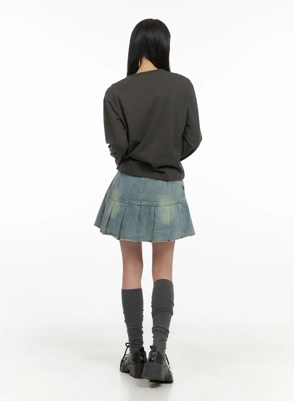 Buckle Pleated Denim Mini Skirt CS403