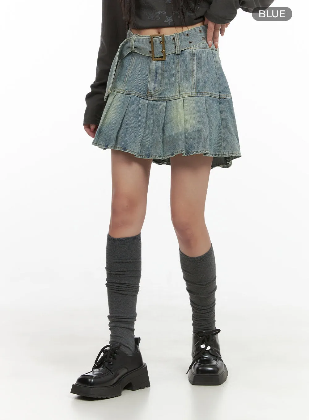 Buckle Pleated Denim Mini Skirt CS403