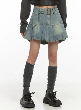 Buckle Pleated Denim Mini Skirt CS403