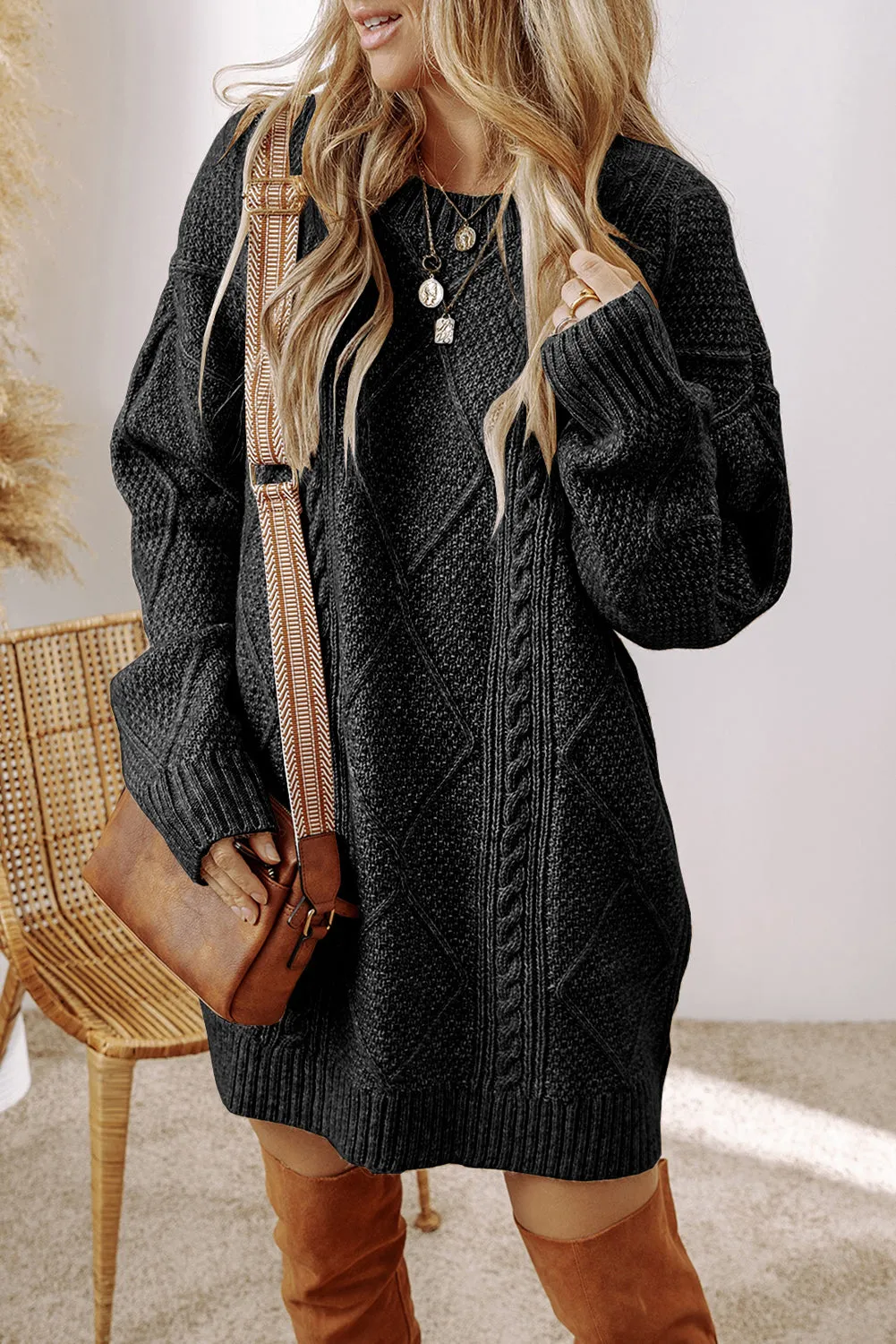 Cable Knit Drop Shoulder Loose Fit Sweater Dress