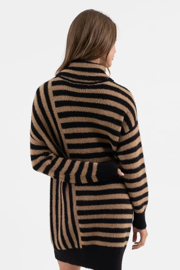 Camel Striped Turtleneck Sweater Dress